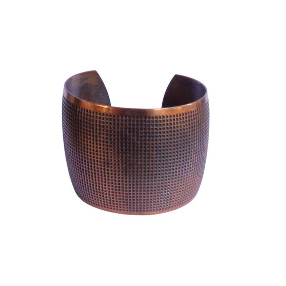 Oxidized Blackened Antique Copper Metal Cuff Bracelet Textured Grid Statement - Picture 2 of 5